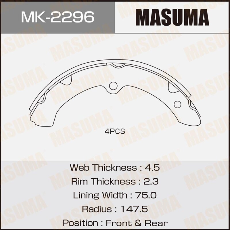 Колодки тормозные Masuma барабанные, арт. MK-2296
Колодки тормозные Masuma барабанные, арт. MK-2296