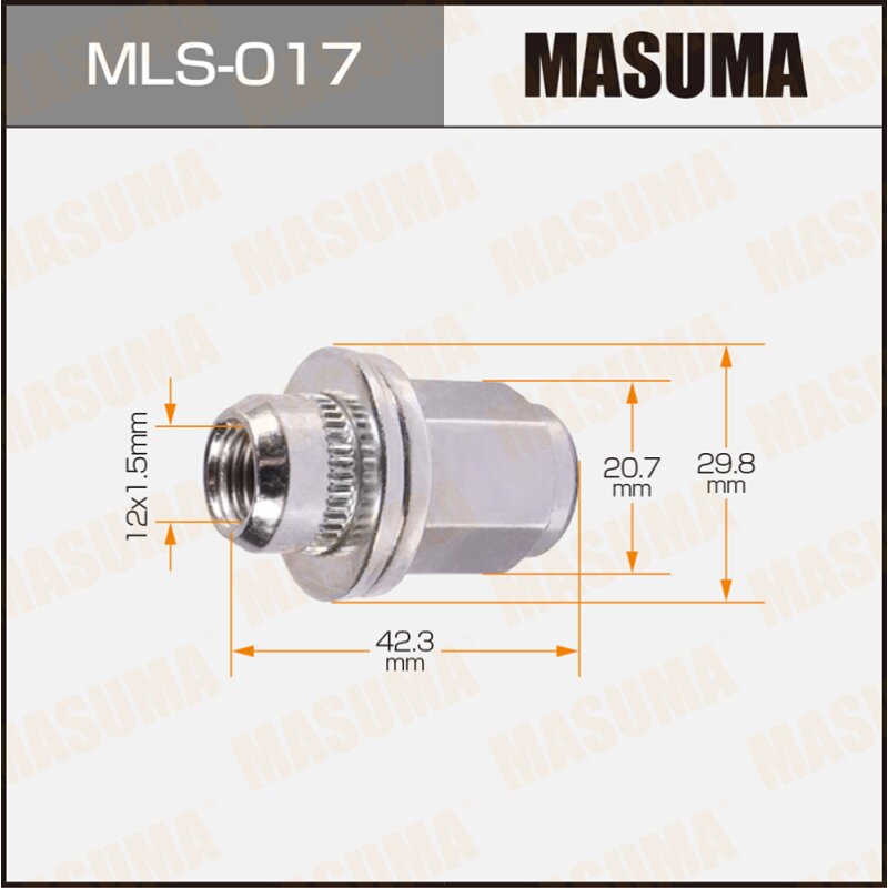 Гайка Masuma, 12х1.5, с шайбой 30мм, арт. mls-017
Гайка Masuma, 12х1.5, с шайбой 30мм, арт. mls-017