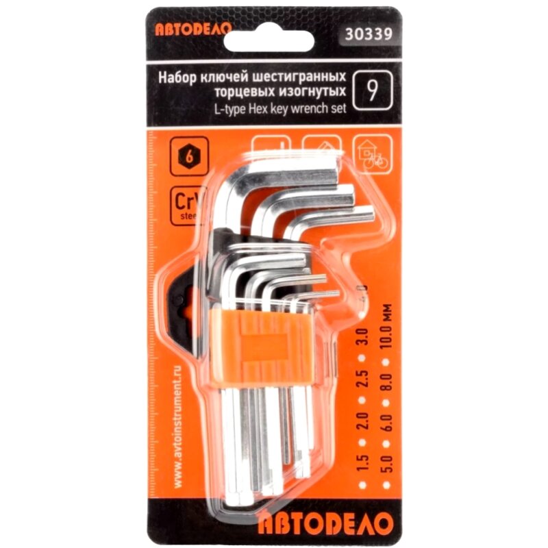 Набор шестигранных ключей АВТОДЕЛО с держателем, от 1.5мм до 10мм, комплект 9 предметов, арт. АД-30339
Набор шестигранных ключей АВТОДЕЛО с держателем, от 1.5мм до 10мм, комплект 9 предметов, арт. АД-30339