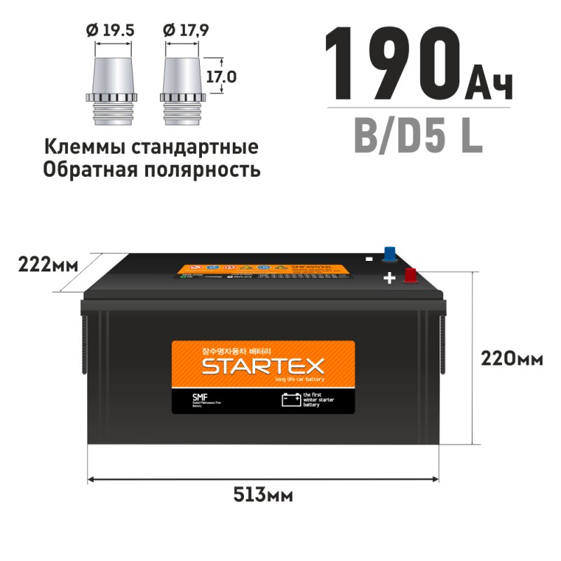 Аккумулятор Startex B/D5 L, 190Ач, CCA 1150A, необслуживаемый
Аккумулятор Startex B/D5 L, 190Ач, CCA 1150A, необслуживаемый