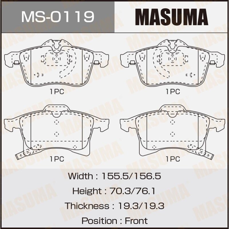 Колодки тормозные Masuma дисковые, передние, арт. MS-0119
Колодки тормозные Masuma дисковые, передние, арт. MS-0119