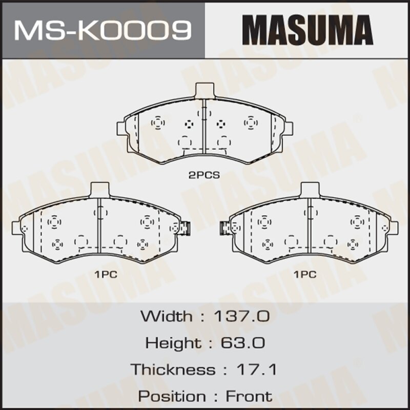Колодки тормозные Masuma дисковые, передние, арт. MS-K0009
Колодки тормозные Masuma дисковые, передние, арт. MS-K0009
