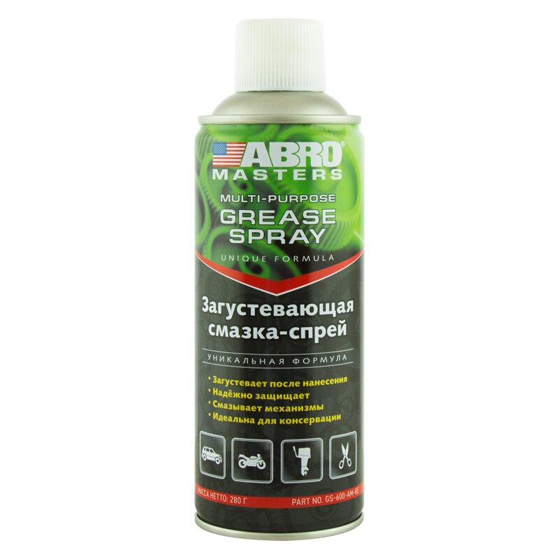 Смазка аэрозольная ABRO Masters Multi-Purpose Grease Spray, многоцелевая, загустевающая, водостойкая, баллон 420г, арт. GS-600-AM-R
Смазка аэрозольная ABRO Masters Multi-Purpose Grease Spray, многоцелевая, загустевающая, водостойкая, баллон 420г, арт. GS-600-AM-R