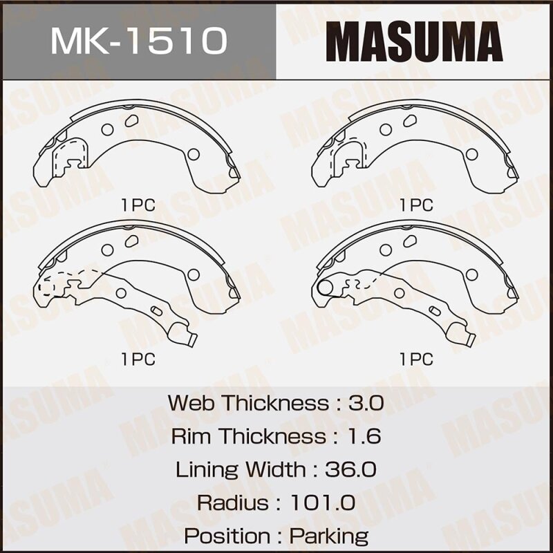Колодки парковочные Masuma барабанные, арт. MK-1510
Колодки парковочные Masuma барабанные, арт. MK-1510