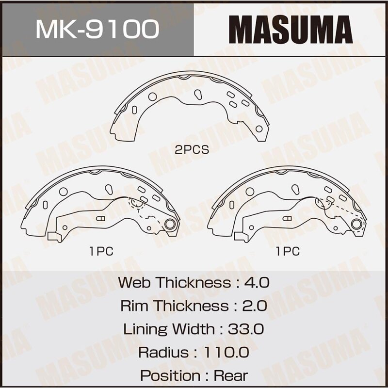 Колодки тормозные Masuma барабанные, арт. MK-9100
Колодки тормозные Masuma барабанные, арт. MK-9100
