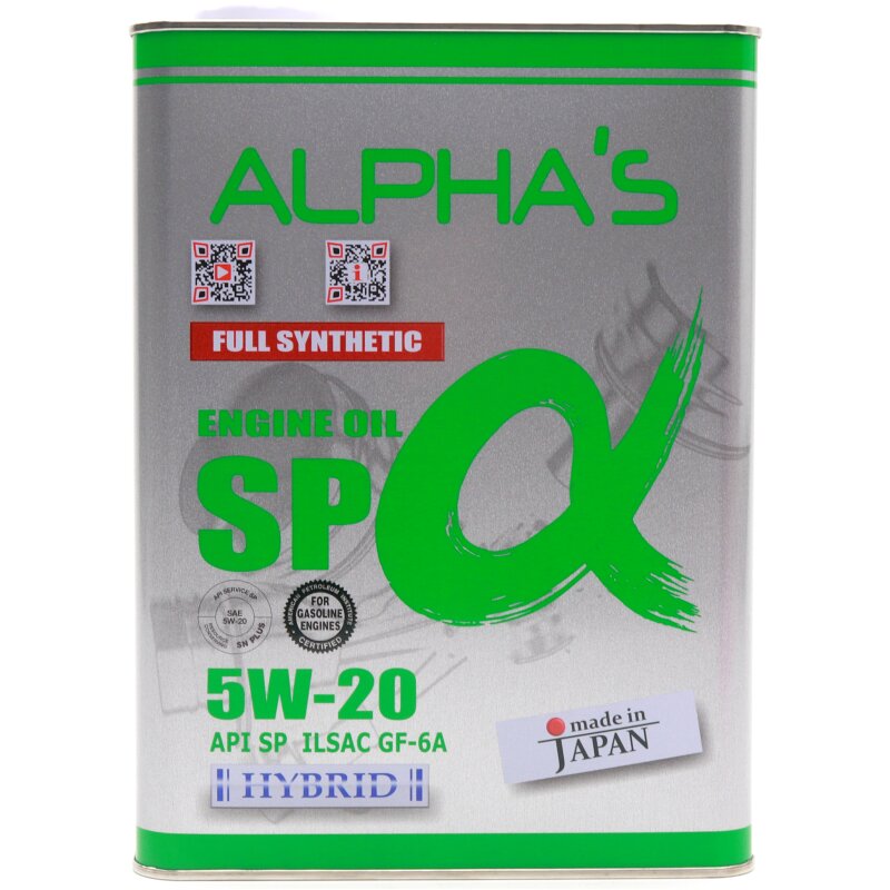 Масло моторное ALPHA'S 5w20 синтетическое, API SN PLUS/SP, ILSAC GF-5/GF-6A, для бензинового двигателя, 4л, арт. 709344
Масло моторное ALPHA'S 5w20 синтетическое, API SN PLUS/SP, ILSAC GF-5/GF-6A, для бензинового двигателя, 4л, арт. 709344