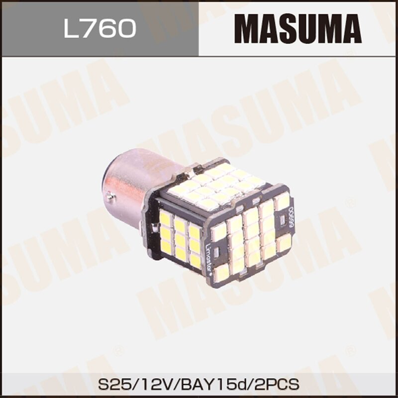 Лампа светодиодная Masuma P21/5W (BAY15d, S25), 12В, 3.6/0.36Вт (соответствует 21/5Вт), 6500К, комплект 2 шт, арт. L760
Лампа светодиодная Masuma P21/5W (BAY15d, S25), 12В, 3.6/0.36Вт (соответствует 21/5Вт), 6500К, комплект 2 шт, арт. L760