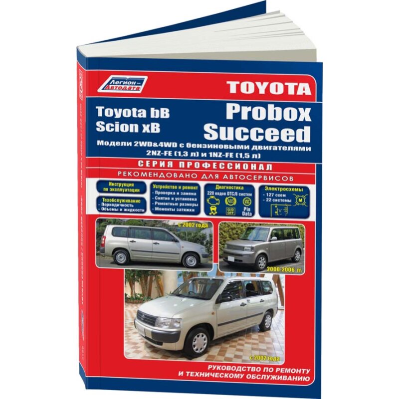 Руководство по эксплуатации, техническому обслуживанию и ремонту TOYOTA BB, TOYOTA PROBOX, TOYOTA SUCCEED (2000-2006 гг.), с бензиновым двигателем
Руководство по эксплуатации, техническому обслуживанию и ремонту TOYOTA BB, TOYOTA PROBOX, TOYOTA SUCCEED (2000-2006 гг.), с бензиновым двигателем
