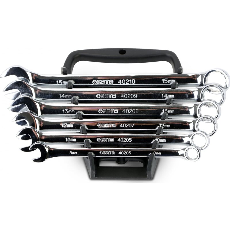 Набор комбинированных ключей SATA в «пирамидке», от 8мм до 15мм, комплект 6 предметов, арт. 09018
Набор комбинированных ключей SATA в «пирамидке», от 8мм до 15мм, комплект 6 предметов, арт. 09018