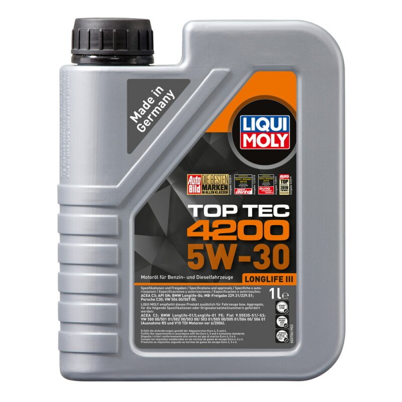 Масло моторное Liqui Moly Top Tec 4200 5w30 синтетическое, SP, ACEA C3, универсальное, 1л, арт. 7660
Масло моторное Liqui Moly Top Tec 4200 5w30 синтетическое, SP, ACEA C3, универсальное, 1л, арт. 7660