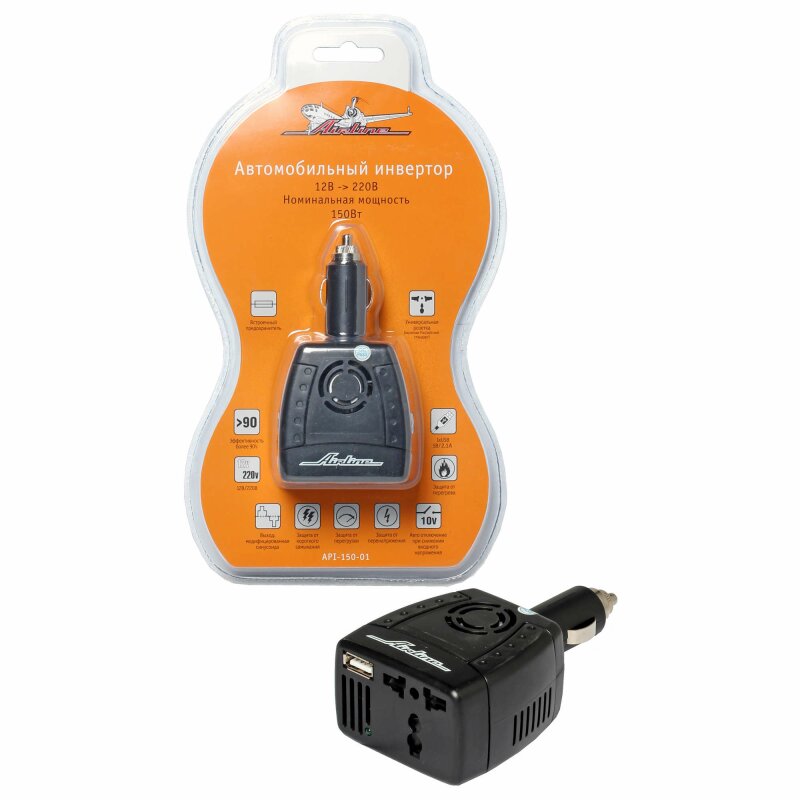 Инвертор напряжения Airline 12В (DC) -> 220В (AC), 150Вт, 1xUSB 2.1А, в прикуриватель
Инвертор напряжения Airline 12В (DC) -> 220В (AC), 150Вт, 1xUSB 2.1А, в прикуриватель
