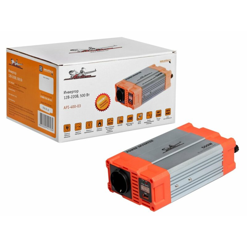 Инвертор напряжения Airline 12В (DC) -> 220В (AC), 500Вт
Инвертор напряжения Airline 12В (DC) -> 220В (AC), 500Вт
