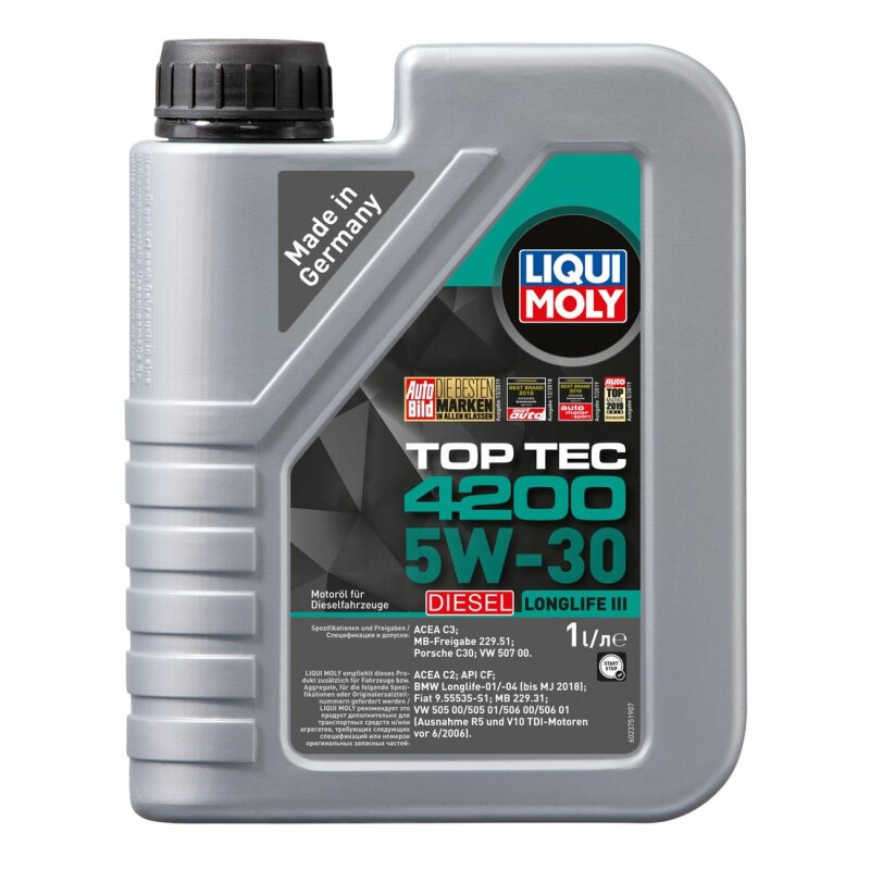 Масло моторное Liqui Moly Top Tec 4200 Diesel 5w30 синтетическое, для дизельного двигателя, 1л, арт. 2375
Масло моторное Liqui Moly Top Tec 4200 Diesel 5w30 синтетическое, для дизельного двигателя, 1л, арт. 2375