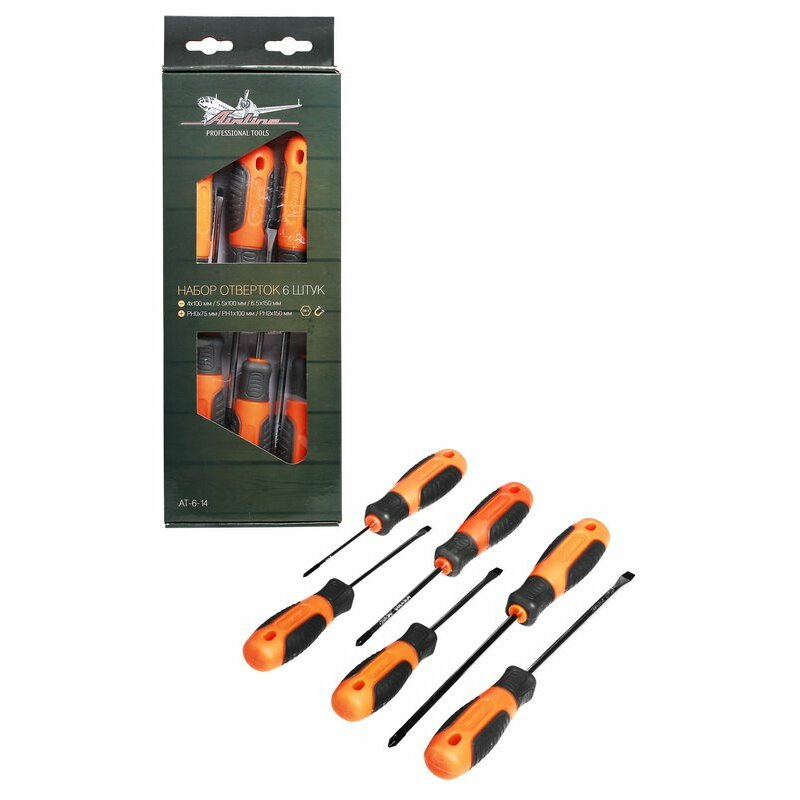 Набор отверток Airline, (SL 4x0.8 - 100мм, SL 5.5x1 - 100мм, SL 6.5x1.2 - 150мм, PH 0 - 75мм, PH 1 - 100мм, PH 2 - 150мм), комплект 6 предметов, арт. AT-6-14
Набор отверток Airline, (SL 4x0.8 - 100мм, SL 5.5x1 - 100мм, SL 6.5x1.2 - 150мм, PH 0 - 75мм, PH 1 - 100мм, PH 2 - 150мм), комплект 6 предметов, арт. AT-6-14