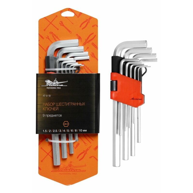 Набор шестигранных ключей Airline, от 1.5мм до 10мм, комплект 9 предметов, арт. AT-9-19
Набор шестигранных ключей Airline, от 1.5мм до 10мм, комплект 9 предметов, арт. AT-9-19