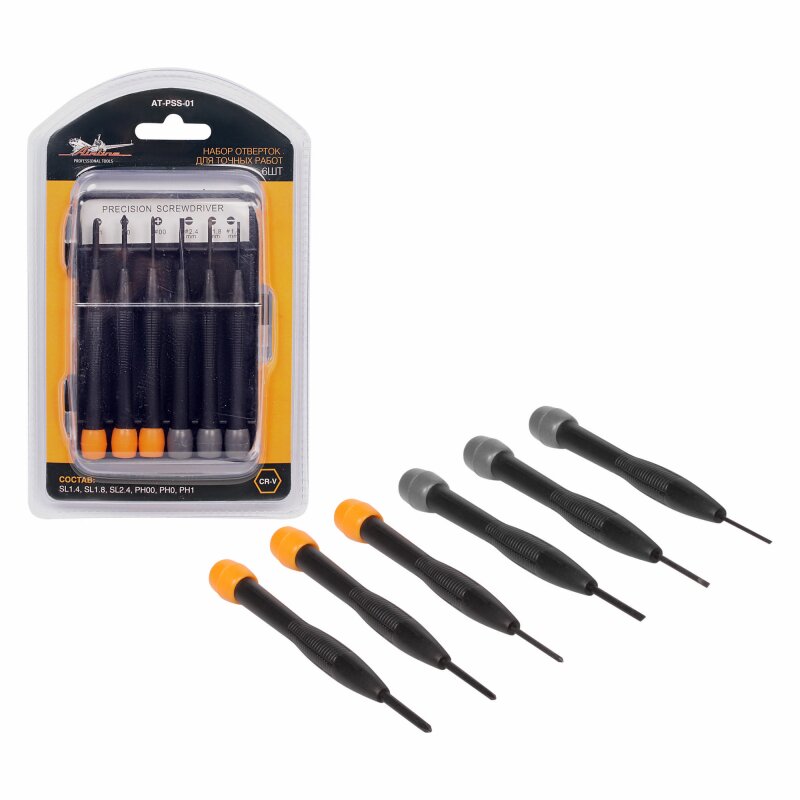 Набор отвёрток AIRLINE для точных работ (SL1.4, SL1.8, SL2.4, PH00, PH0, PH1), комплект 6шт, в пластиковом футляре, арт. AT-PSS-01
Набор отвёрток AIRLINE для точных работ (SL1.4, SL1.8, SL2.4, PH00, PH0, PH1), комплект 6шт, в пластиковом футляре, арт. AT-PSS-01