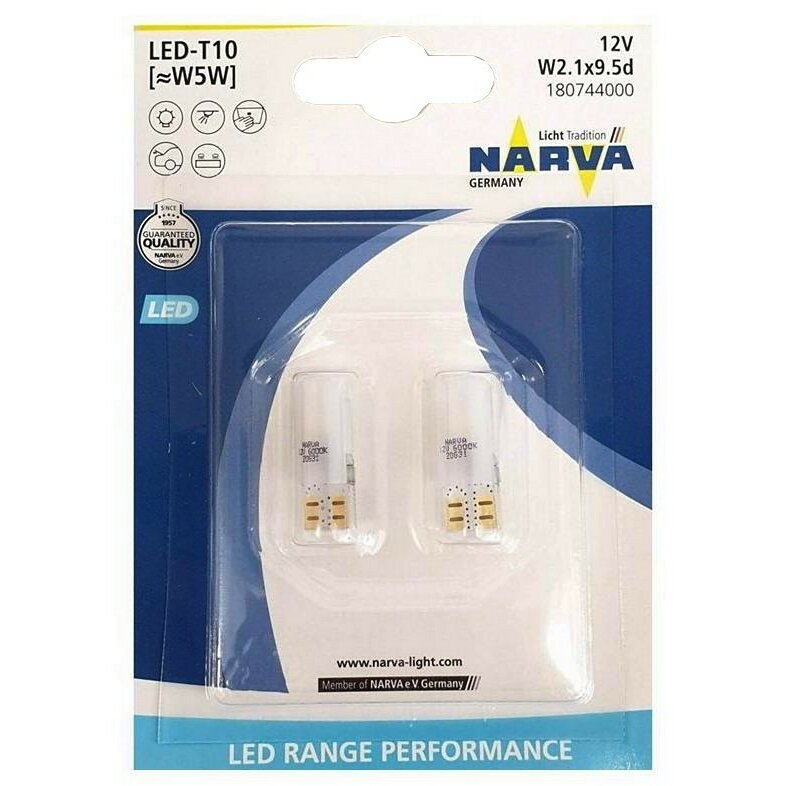 Лампа светодиодная Narva W5W (W2.1x9.5d, T10), 12В, 0.6Вт (соответствует 5Вт), 6000К, комплект 2 шт, арт. 18074
Лампа светодиодная Narva W5W (W2.1x9.5d, T10), 12В, 0.6Вт (соответствует 5Вт), 6000К, комплект 2 шт, арт. 18074