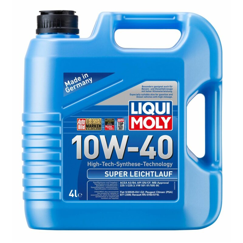Масло моторное Liqui Moly Super Leichtlauf 10w40 синтетическое, SN, ACEA A3/B4, универсальное, 4л, арт. 1916
Масло моторное Liqui Moly Super Leichtlauf 10w40 синтетическое, SN, ACEA A3/B4, универсальное, 4л, арт. 1916