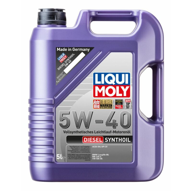 Масло моторное Liqui Moly Diesel Syntoil 5w40 синтетическое, CF, ACEA A3/B4, для дизельного двигателя, 5л, арт. 1927
Масло моторное Liqui Moly Diesel Syntoil 5w40 синтетическое, CF, ACEA A3/B4, для дизельного двигателя, 5л, арт. 1927