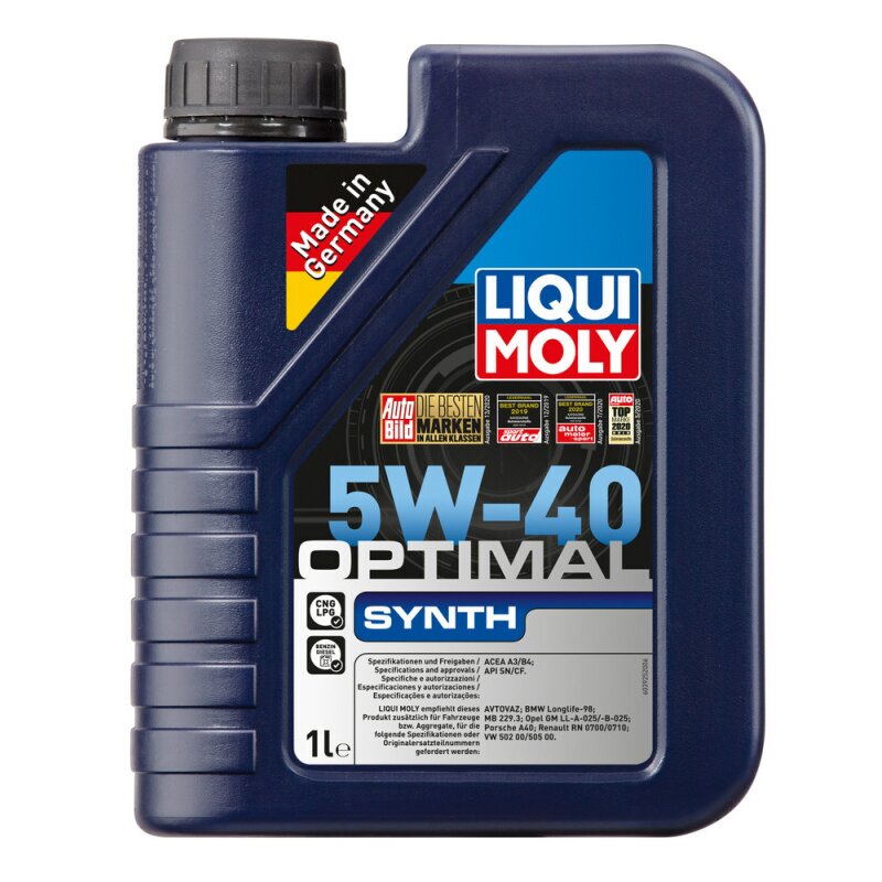 Масло моторное Liqui Moly Optimal Synth 5w40 синтетическое, SN/CF, ACEA A3/B4, универсальное, 1л, арт. 3925
Масло моторное Liqui Moly Optimal Synth 5w40 синтетическое, SN/CF, ACEA A3/B4, универсальное, 1л, арт. 3925