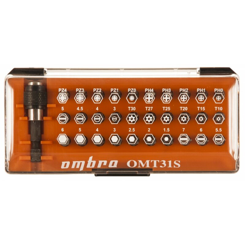Набор бит Ombra, (PH 0 - PH 4, PZ 0 - PZ 4, T 10 - T 30, H 1.5 - H 6, SL 3 - SL 6), комплект 31 предмет, арт. 55010
Набор бит Ombra, (PH 0 - PH 4, PZ 0 - PZ 4, T 10 - T 30, H 1.5 - H 6, SL 3 - SL 6), комплект 31 предмет, арт. 55010