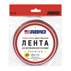 Лента клейкая двусторонняя ABRO Премиум, акриловая, 20мм x 5м, белая, сверхстойкая, арт. OP-20-R