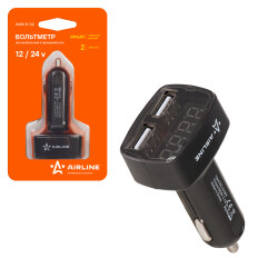 Зарядное устройство в прикуриватель Airline, 12/24В, 2xUSB (5В, 3.1A), вольтметр, чёрное, арт. AVM-D-02