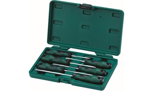 Набор отвёрток SATA, шлицевые (SL5x2, SL6) и крестовые (PH1, PH2x2), стержни 75, 100, 150мм, в футляре, 6 предметов, магнитные, арт. 9309