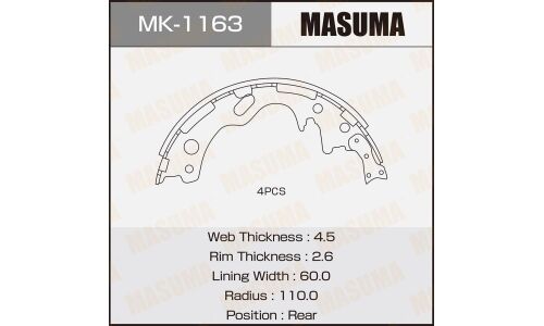 Колодки тормозные барабанные Masuma, комплект на ось (4 шт), арт. MK-1163