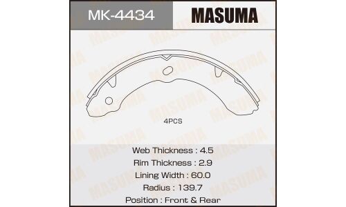 Колодки тормозные барабанные Masuma, комплект на ось (4 шт), арт. MK-4434