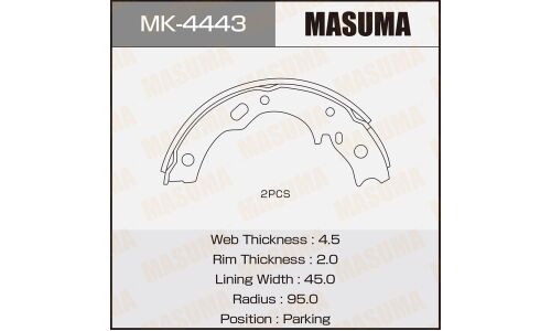 Колодки тормозные барабанные Masuma стояночного тормоза, комплект на ось (4 шт), арт. MK-4443