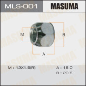 Гайка колесная Masuma MLS-001, открытая, для Toyota / Mazda / Daihatsu / Mitsubishi, M12x1.5(R), длина 16мм, коническая посадка, под ключ 21мм