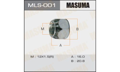 Гайка колесная Masuma MLS-001, открытая, для Toyota / Mazda / Daihatsu / Mitsubishi, M12x1.5(R), длина 16мм, коническая посадка, под ключ 21мм