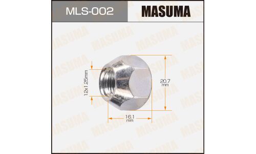 Гайка колесная Masuma MLS-002, открытая, для Nissan, M12x1.25(R), длина 16.1мм, коническая посадка, под ключ 21мм