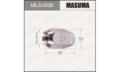 Гайка колесная Masuma MLS-006, закрытая, M14x1.25(R), длина 35.9мм, коническая посадка, под ключ 21мм