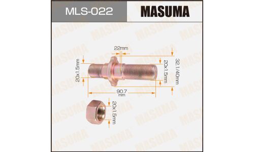 Шпилька колесная Masuma MLS-022, для грузовиков HINO, M20x1.5(R), M20x1.5(R), длина 90.7мм