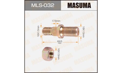 Шпилька колесная Masuma MLS-032, для грузовиков Nissan, M16x1.5(R), M18x1.5(R), длина 69мм