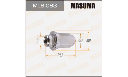 Гайка колесная Masuma MLS-063, закрытая, для внедорожников Toyota, M14x1.5(R), длина 51.8мм, с прессшайбой 30мм, под ключ 21мм