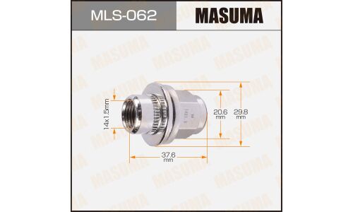 Гайка колесная Masuma MLS-062, закрытая, для внедорожников Toyota, M14x1.5(R), длина 37.6мм, с прессшайбой 30мм, под ключ 21мм