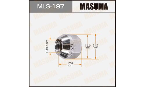 Гайка колесная Masuma MLS-197, открытая, M12x1.5(R), длина 17.8мм, коническая посадка, под ключ 19мм, комплект 20 шт