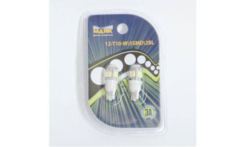 Лампа светодиод б/ц Маяк 12v T10 w2.1x9.5d 5SMD, белый, (уп. 2шт.)