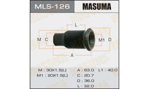 Футорка колесная Masuma MLS-126, для грузовиков Mitsubishi Fuso, M30x1.5(L), M20x1.5(L), длина 63мм, под ключ 21мм, 1 шт