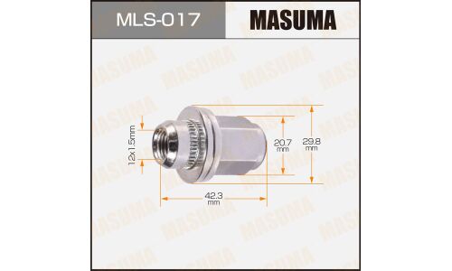 Гайка колесная Masuma MLS-017, закрытая, для Toyota, M12x1.5(R), длина 42.3мм, с прессшайбой 30мм, под ключ 21мм