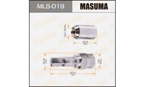 Гайка колесная Masuma MLS-019, открытая, M12x1.5(R), длина 32.6мм, коническая посадка, под ключ 19мм, с переходником, 20 шт