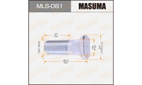 Шпилька колесная Masuma MLS-081, для грузовиков Mitsubishi Fuso, M16x1.5(L), длина 46.2мм