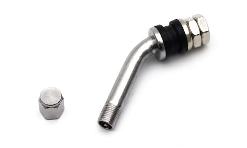 Вентиль для бескамерных колёс, изогнутый (45°), разборный, металлический, посадочный диаметр Ø11мм, длина 60мм