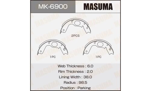 Колодки тормозные барабанные Masuma стояночного тормоза, комплект на ось (4 шт), арт. MK-6900