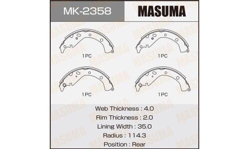 Колодки тормозные барабанные Masuma стояночного тормоза, комплект на ось (4 шт), арт. MK-2358