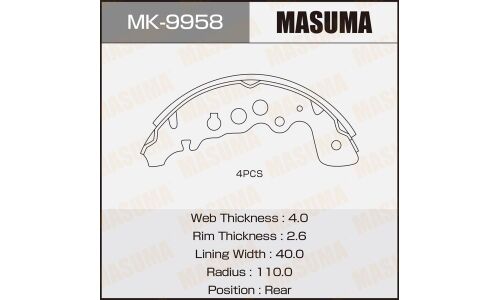 Колодки тормозные барабанные Masuma стояночного тормоза, комплект на ось (4 шт), арт. MK-9958
