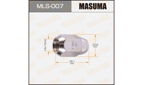Гайка колесная Masuma MLS-007, закрытая, для кроссоверов Toyota, M14x1.5(R), длина 35.1мм, коническая посадка, под ключ 21мм, 1 шт